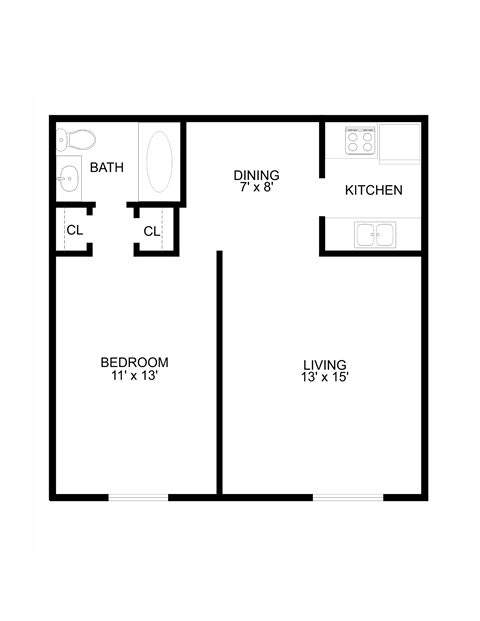 Floor plan for 1 bed, 1 bath, 750 sqft