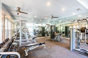 Sandy Springs apartment for rent - a gym with cardio machines and weights on a tile floor  at Flats at North Springs, Georgia, 30328