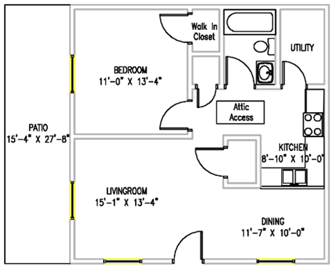 Floor plan for 1 bed, 1 bath, 745 sqft