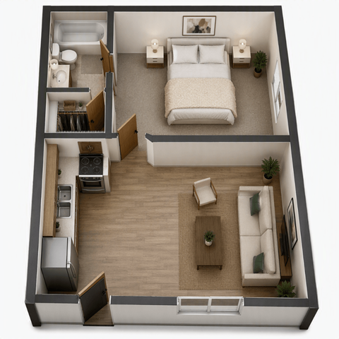 Floor plan for studio, 1 bath, 580 sqft