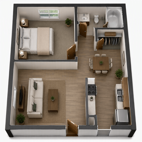 Floor plan for 1 bed, 1 bath, 675 sqft