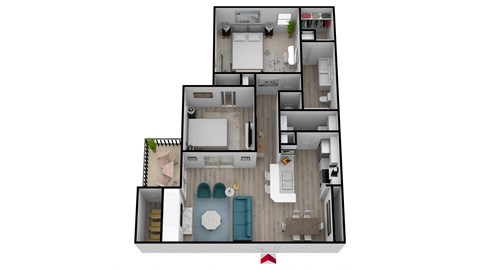 Floor plan for 2 beds, 1 bath, 980 sqft