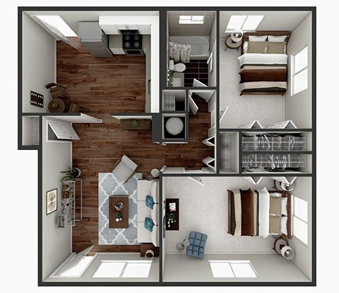 Floor plan for 2 beds, 1 bath, 955 sqft