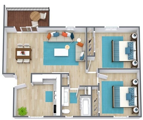 Floor plan for 2 beds, 1 bath, 842 sqft