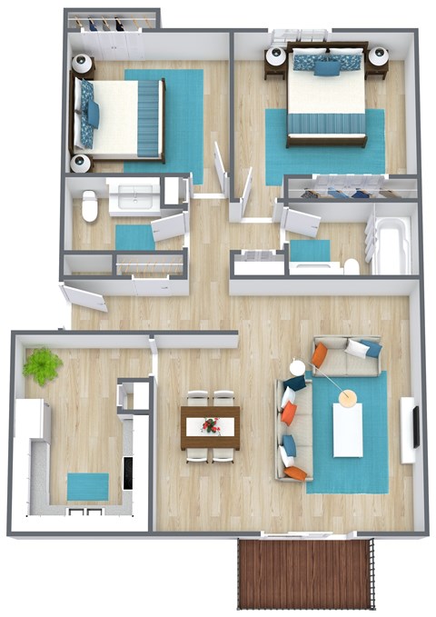 Floor plan for 2 beds, 1.5 baths, 1000 sqft