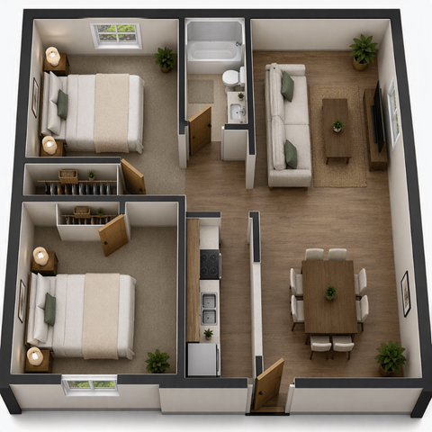 Floor plan for 2 beds, 1 bath, 875 sqft