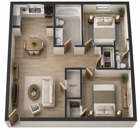 Floor plan for 2 beds, 1.5 baths, 940 sqft