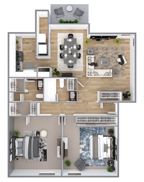 Floor plan for 2 beds, 2 baths, 1017 sqft