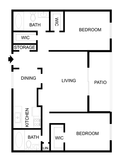 Floor plan for 2 beds, 2 baths, 1154 sqft