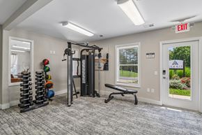 Fredericksburg apartment for rent - A gym room with a bench, weights, and a window.