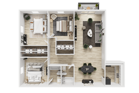 Floor plan for 3 beds, 2 baths, 1300 sqft