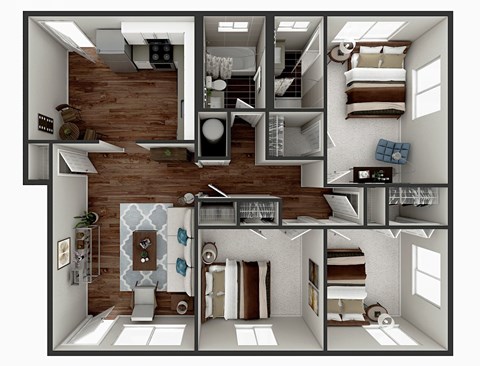 Floor plan for 3 beds, 2 baths, 1059 sqft