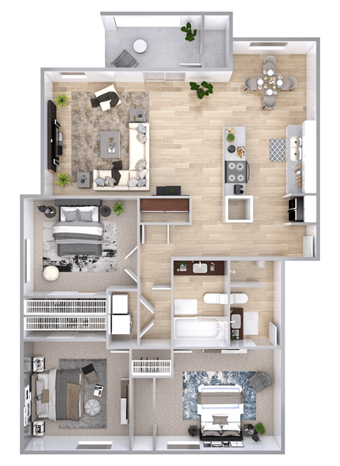 Floor plan for 3 beds, 2 baths, 1216 sqft