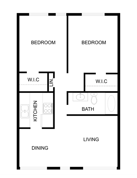 Floor plan for 2 beds, 1 bath, 840 sqft