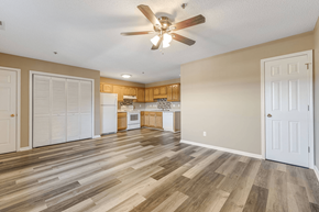 Asheville apartment for rent - an empty living room and kitchen with a ceiling fan