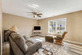 Asheville apartment for rent - A living room with a grey couch, a wooden chair, a white table, and a ceiling fan.