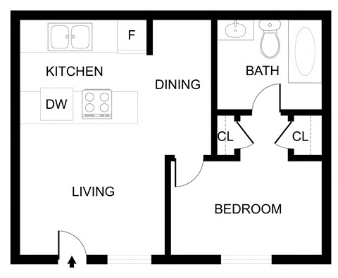 Floor plan for 1 bed, 1 bath, 650 sqft