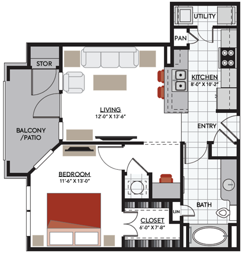 Floor plan for 1 bed, 1 bath, 649 sqft