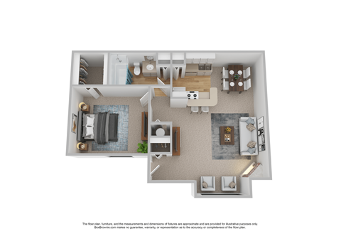Floor plan for 1 bed, 1 bath, 602 sqft