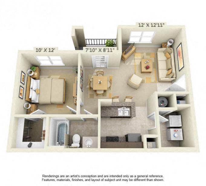 Floor plan for 1 bed, 1 bath, 678 sqft