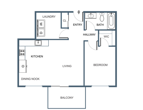 Floor plan for 1 bed, 1 bath, 704 sqft