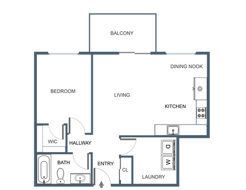 Floor plan for 1 bed, 1 bath, 718 sqft