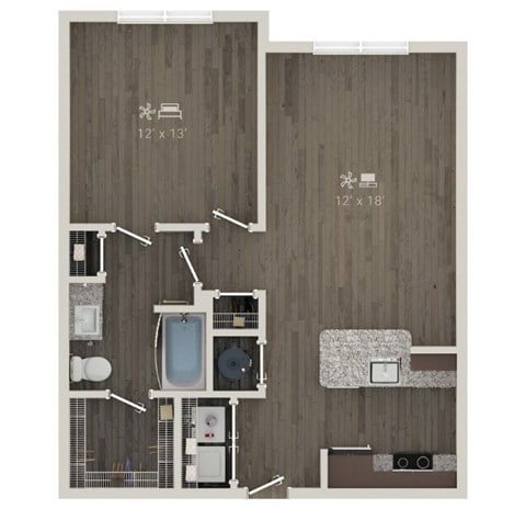 Floor plan for 1 bed, 1 bath, 752 sqft