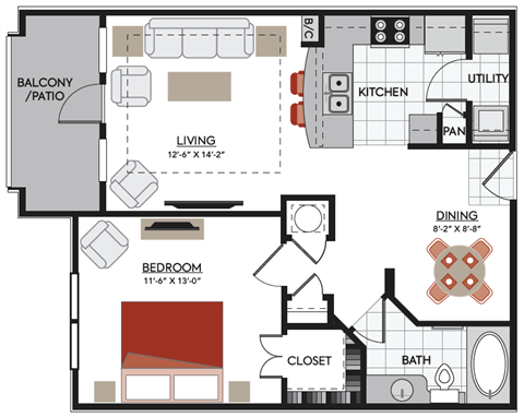 Floor plan for 1 bed, 1 bath, 810 sqft