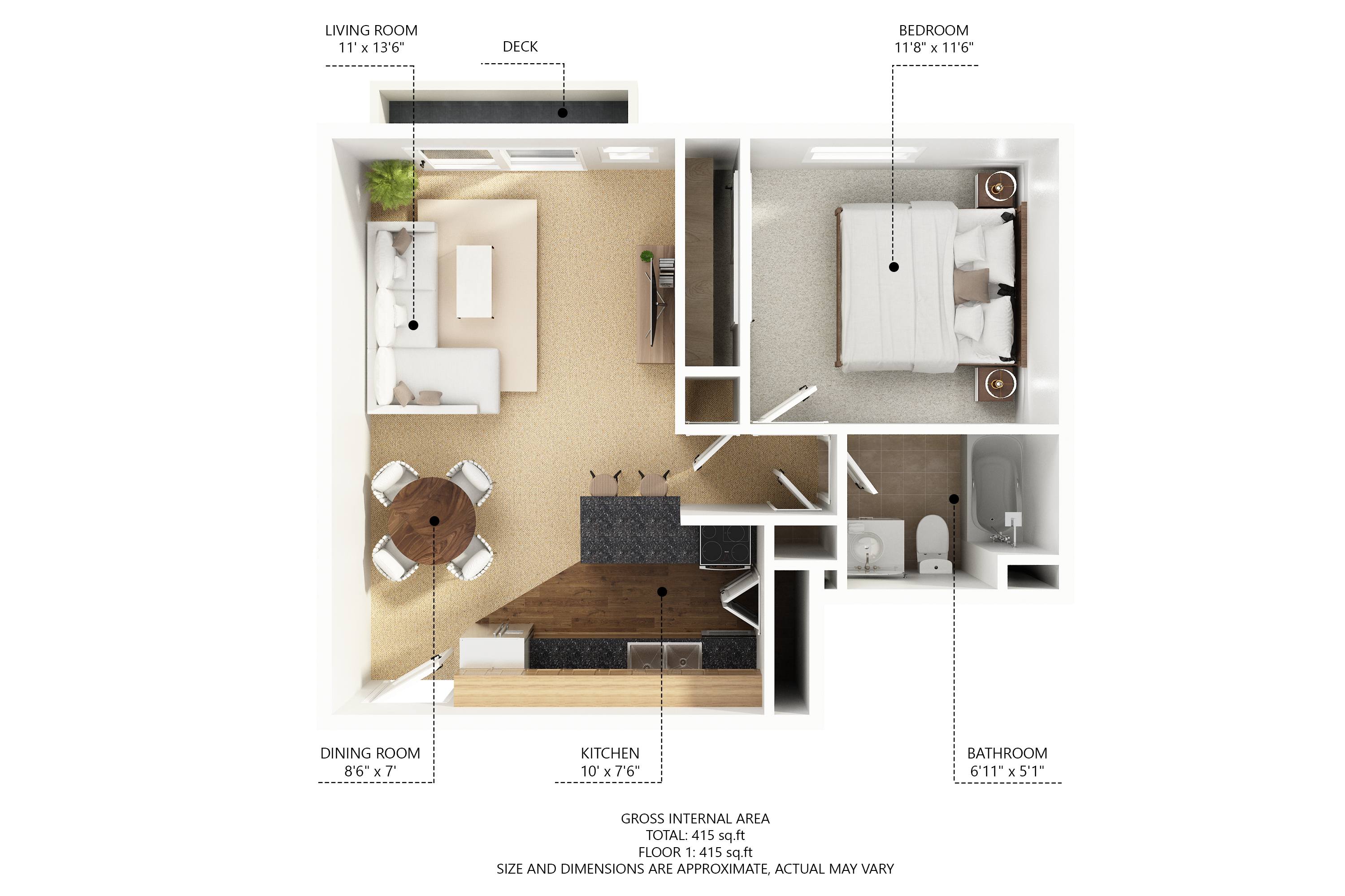 Floor plan for 1 bed, 1 bath, 600 sqft