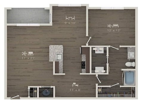 Floor plan for 1 bed, 1 bath, 984 sqft