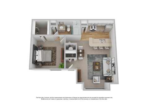 Floor plan for 1 bed, 1 bath, 618 sqft