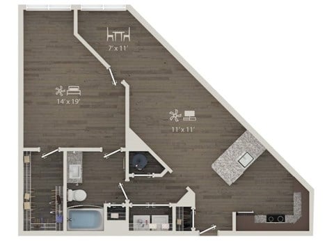 Floor plan for 1 bed, 1 bath, 895 sqft