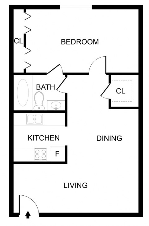 Floor plan for 1 bed, 1 bath, 725 sqft