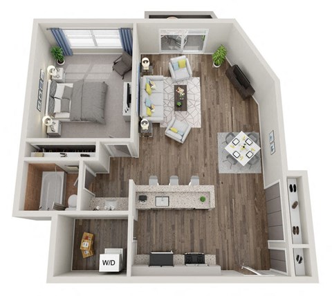 Floor plan for 1 bed, 1 bath, 715 sqft