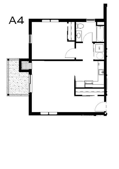 Floor plan for 1 bed, 1 bath, 670 sqft