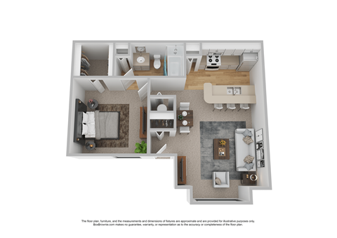 Floor plan for 1 bed, 1 bath, 686 sqft
