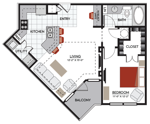 Floor plan for 1 bed, 1 bath, 769 sqft