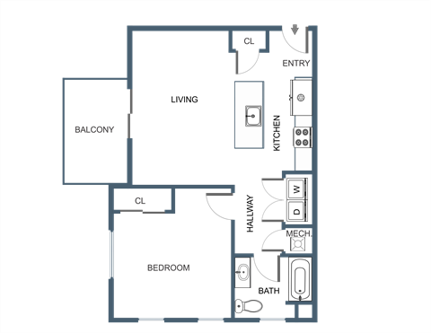Floor plan for 1 bed, 1 bath, 706 sqft