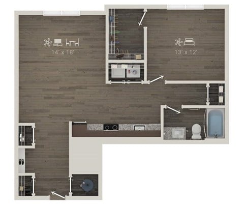 Floor plan for 1 bed, 1 bath, 861 sqft