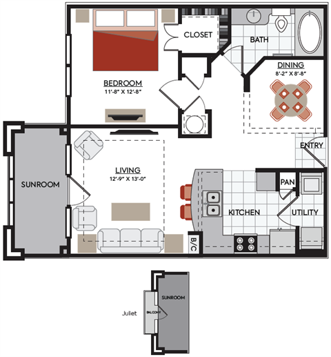 Floor plan for 1 bed, 1 bath, 872 sqft