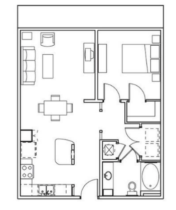 Floor plan for 1 bed, 1 bath, 766 sqft