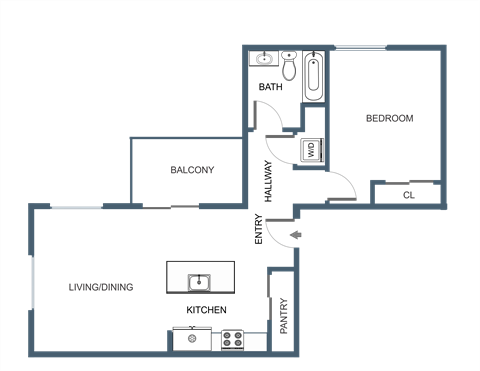 Floor plan for 1 bed, 1 bath, 710 sqft