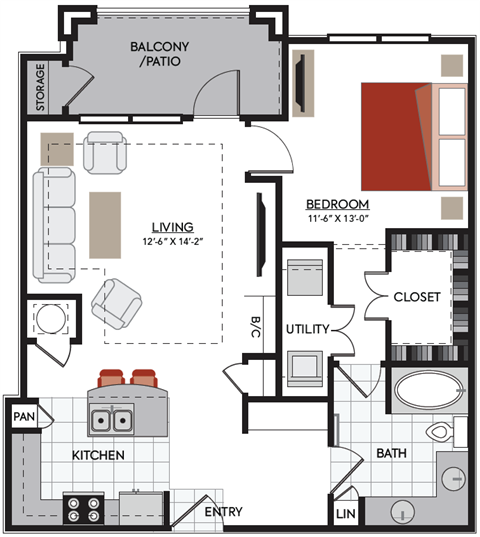 Floor plan for 1 bed, 1 bath, 916 sqft