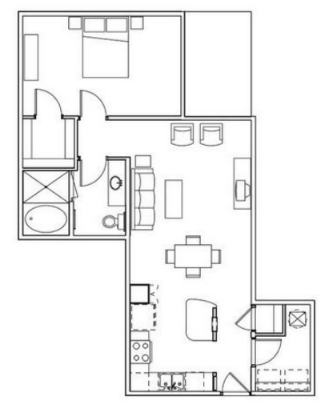 Floor plan for 1 bed, 1 bath, 808 sqft