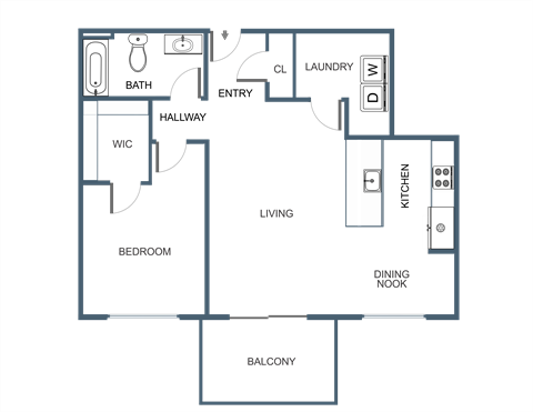 Floor plan for 1 bed, 1 bath, 729 sqft