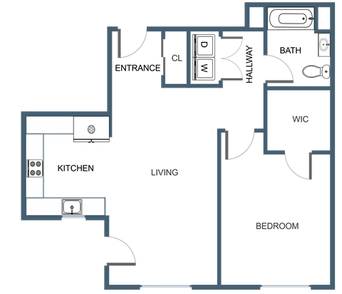Floor plan for 1 bed, 1 bath, 749 sqft