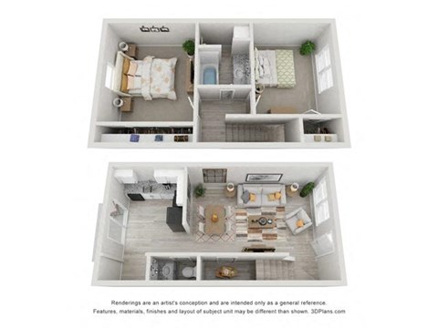 Floor plan for 2 beds, 1.5 baths, 1000 sqft