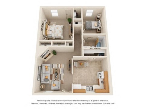 Floor plan for 2 beds, 1 bath, 818 sqft
