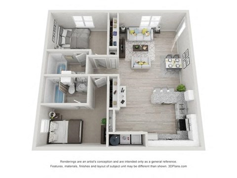 Floor plan for 2 beds, 2 baths, 1025 sqft