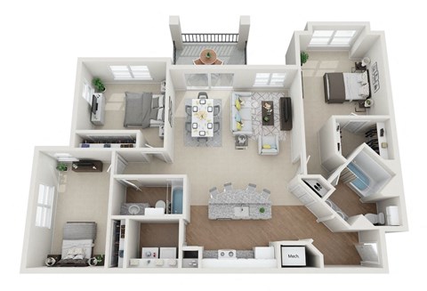 Floor plan for 3 beds, 2 baths, 1389 sqft